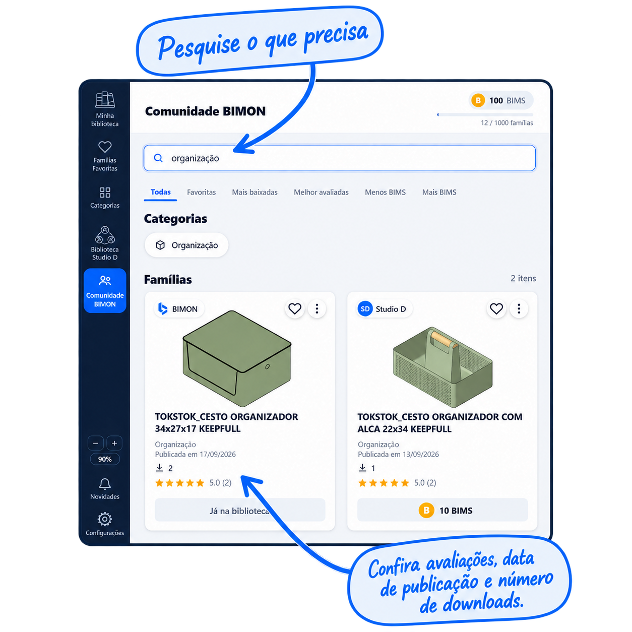 Busca por organização na Comunidade BIMON, com avaliações, datas de publicação e número de downloads das famílias